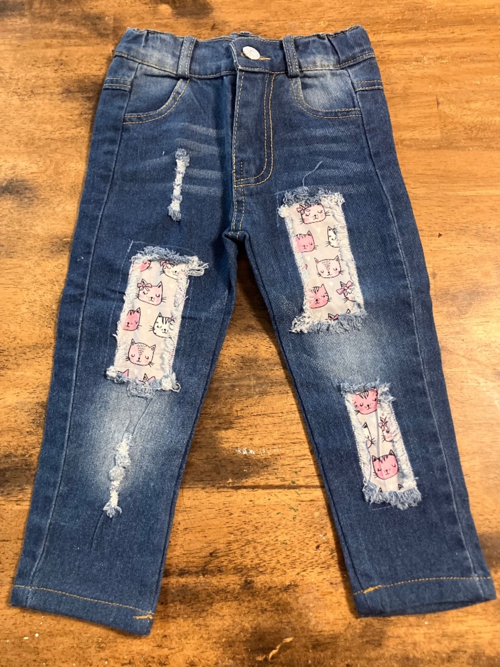 Girls Distressed Denim Jeans with Pink Cat Patches Size XS